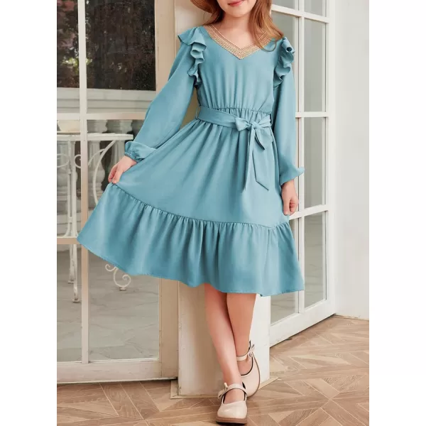 blibean Teen Girls Lace Neckline Dress Kids Semi Formal Long Sleeve Dresses Size 6-15 Years
