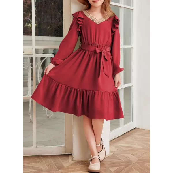 blibean Teen Girls Lace Neckline Dress Kids Semi Formal Long Sleeve Dresses Size 6-15 Years