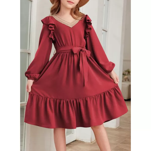 blibean Teen Girls Lace Neckline Dress Kids Semi Formal Long Sleeve Dresses Size 6-15 Years