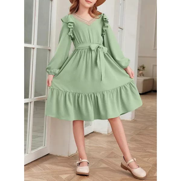 blibean Teen Girls Lace Neckline Dress Kids Semi Formal Long Sleeve Dresses Size 6-15 Years