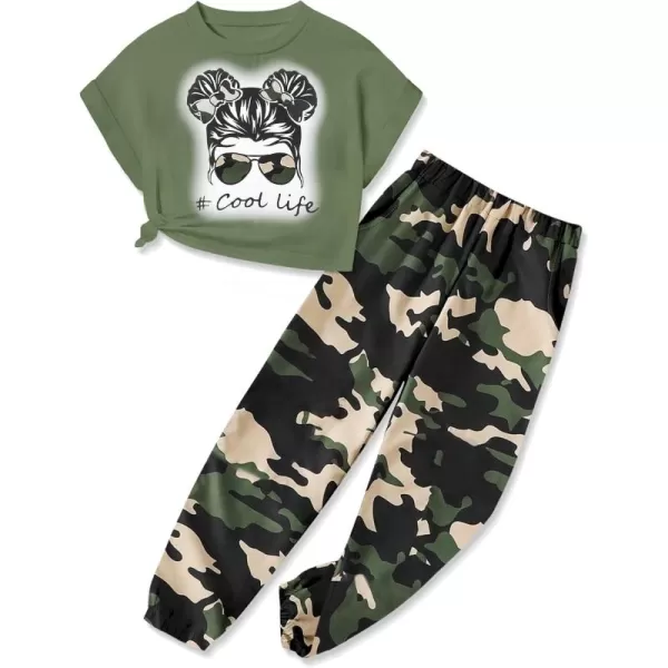 Girls 2 Piece Outfits Kids Clothes Cute Cool Girl Crop Tops + Camouflage Pants Summer Clothing Sets
