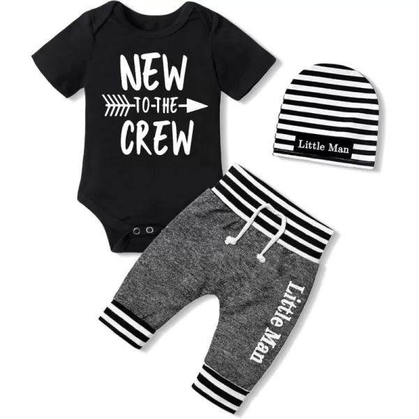 Newborn Baby Boy Clothes New To The Crew Letter Print Romper+Pants+Striped Hat 3pcs Infant Outfits Set