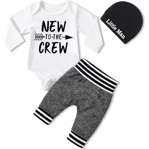 Newborn Baby Boy Clothes New To The Crew Letter Print Romper+Pants+Striped Hat 3pcs Infant Outfits Set