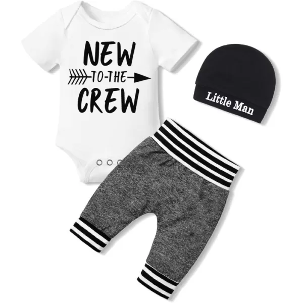 Newborn Baby Boy Clothes New To The Crew Letter Print Romper+Pants+Striped Hat 3pcs Infant Outfits Set