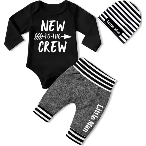 Newborn Baby Boy Clothes New To The Crew Letter Print Romper+Pants+Striped Hat 3pcs Infant Outfits Set