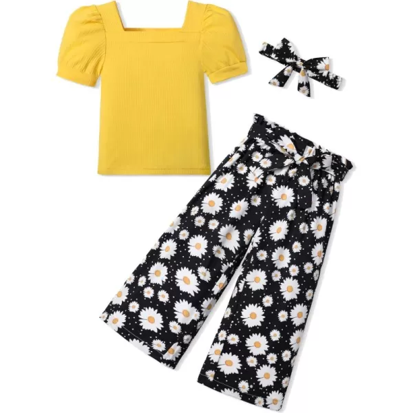 Toddler Girl Clothes Square Neck Puff Sleeve Tops + Wide Leg Pants + Headband 3pcs Spring Summer Girl Outfits