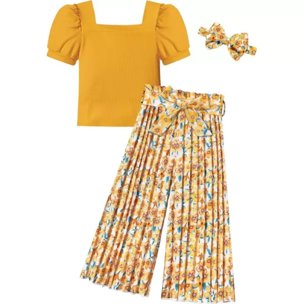 Toddler Little Girl Clothes Outfits Set Square Neck Tops + Pleated Pants + Headband 3pcs Kids Clothing