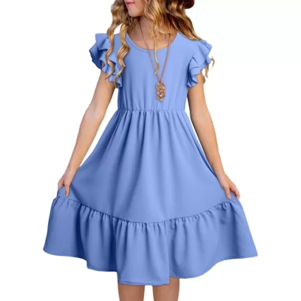 blibean Teen Girls Dresses Kids Double Layer Ruffle Sleeve Dress Size 6-15 Years