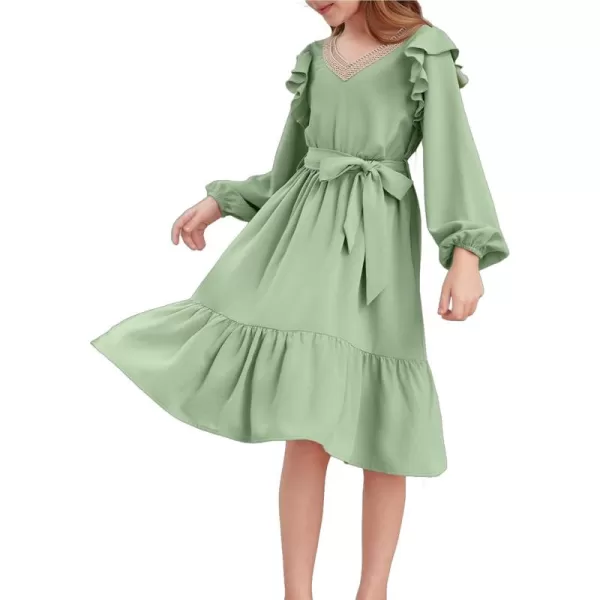 blibean Teen Girls Lace Neckline Dress Kids Semi Formal Long Sleeve Dresses Size 6-15 Years