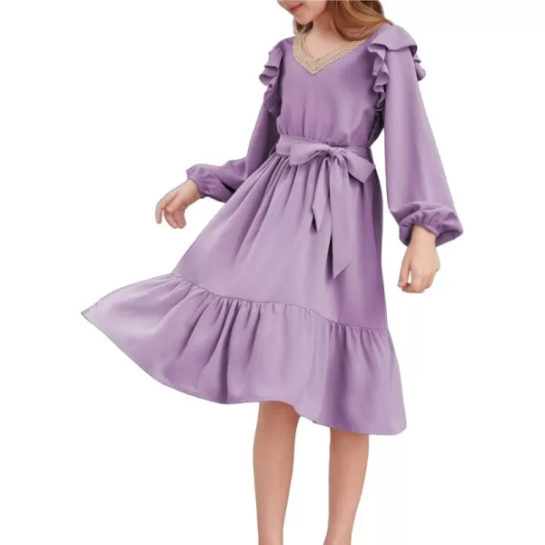 blibean Teen Girls Lace Neckline Dress Kids Semi Formal Long Sleeve Dresses Size 6-15 Years