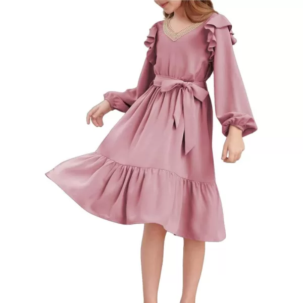 blibean Teen Girls Lace Neckline Dress Kids Semi Formal Long Sleeve Dresses Size 6-15 Years