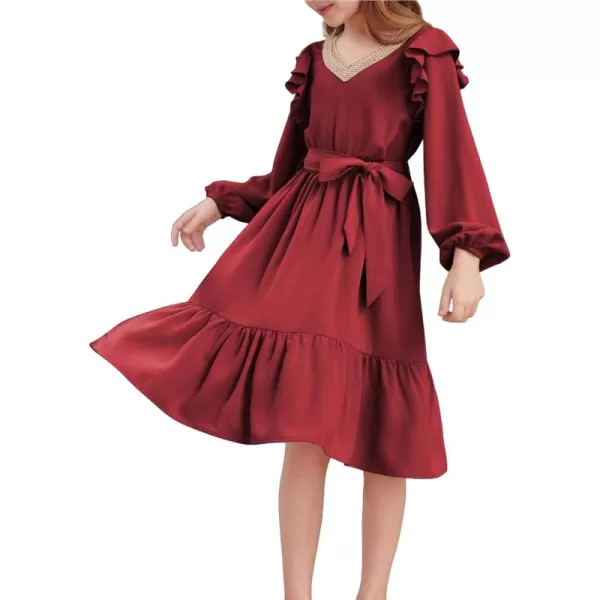 blibean Teen Girls Lace Neckline Dress Kids Semi Formal Long Sleeve Dresses Size 6-15 Years