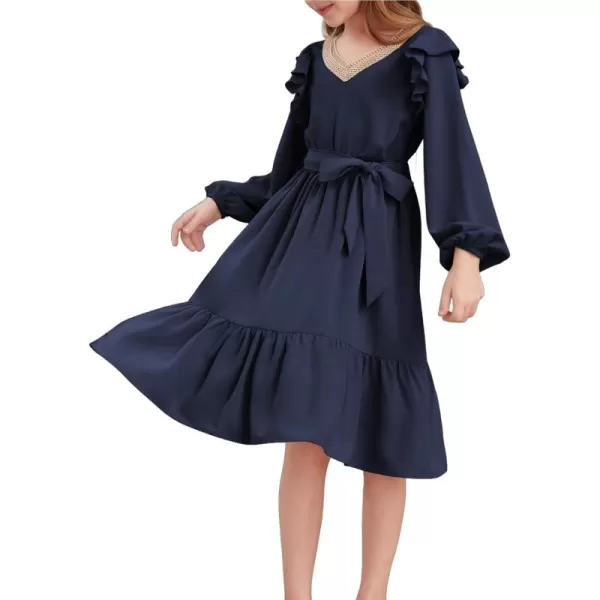 blibean Teen Girls Lace Neckline Dress Kids Semi Formal Long Sleeve Dresses Size 6-15 Years