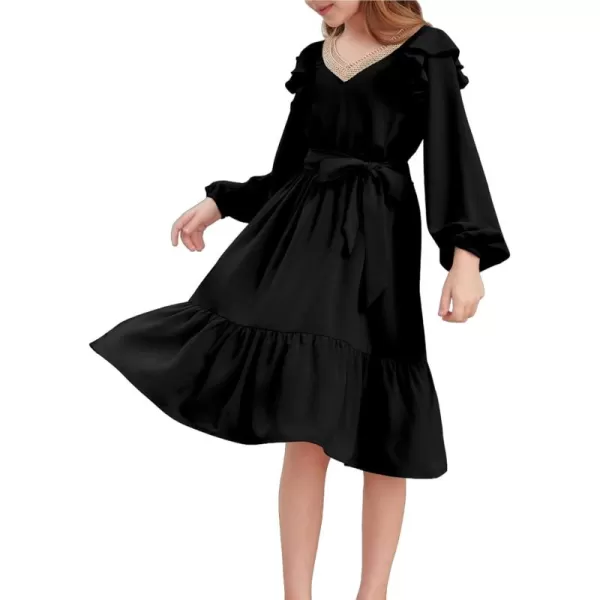 blibean Teen Girls Lace Neckline Dress Kids Semi Formal Long Sleeve Dresses Size 6-15 Years