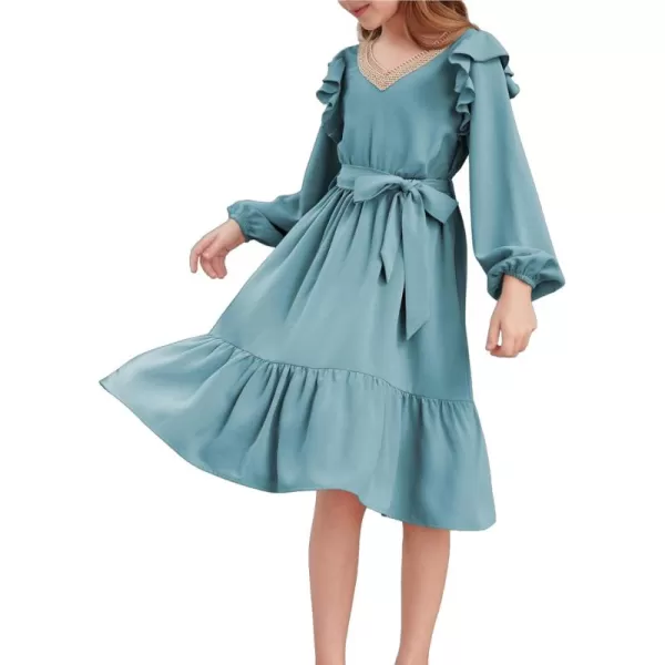 blibean Teen Girls Lace Neckline Dress Kids Semi Formal Long Sleeve Dresses Size 6-15 Years