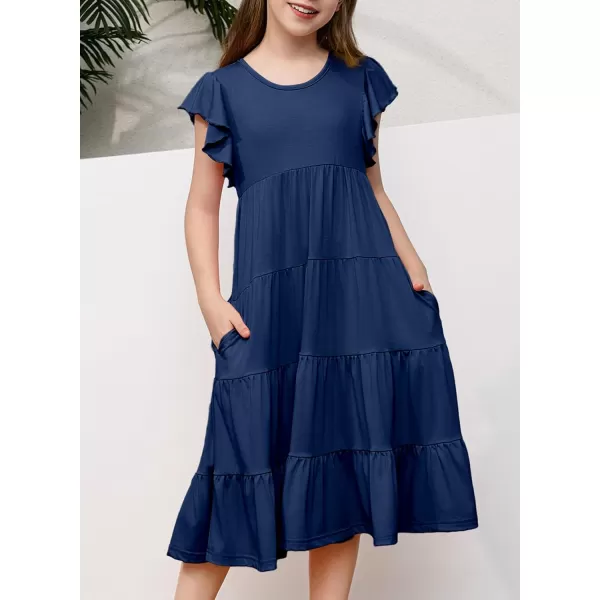 blibean Girl 2024 Summer Boho Sun Dress Ruffled Pockets Dresses Size 6-15 Years