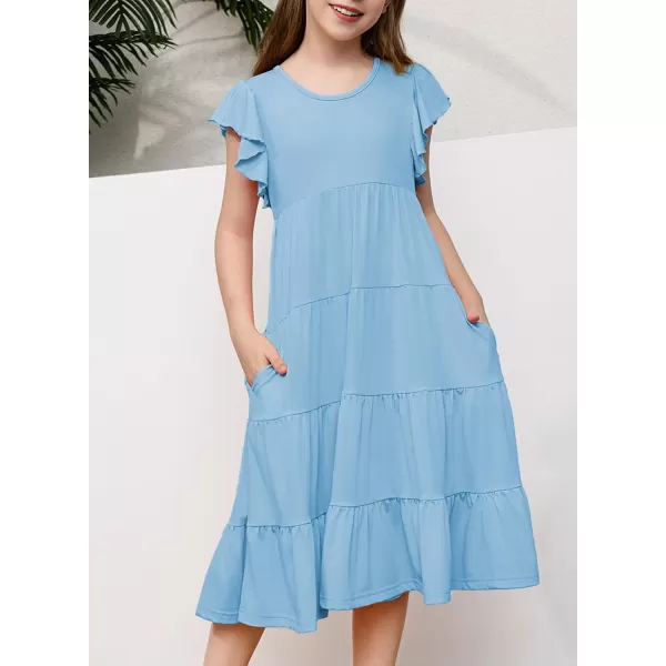 blibean Girl 2024 Summer Boho Sun Dress Ruffled Pockets Dresses Size 6-15 Years