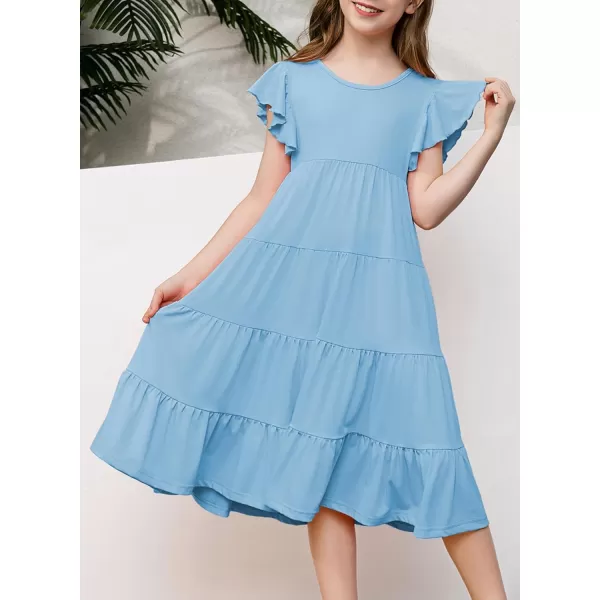 blibean Girl 2024 Summer Boho Sun Dress Ruffled Pockets Dresses Size 6-15 Years