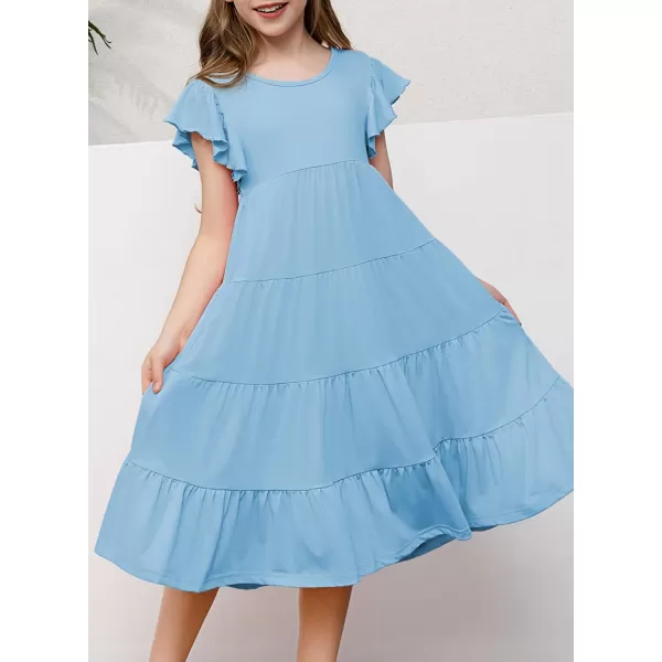 blibean Girl 2024 Summer Boho Sun Dress Ruffled Pockets Dresses Size 6-15 Years
