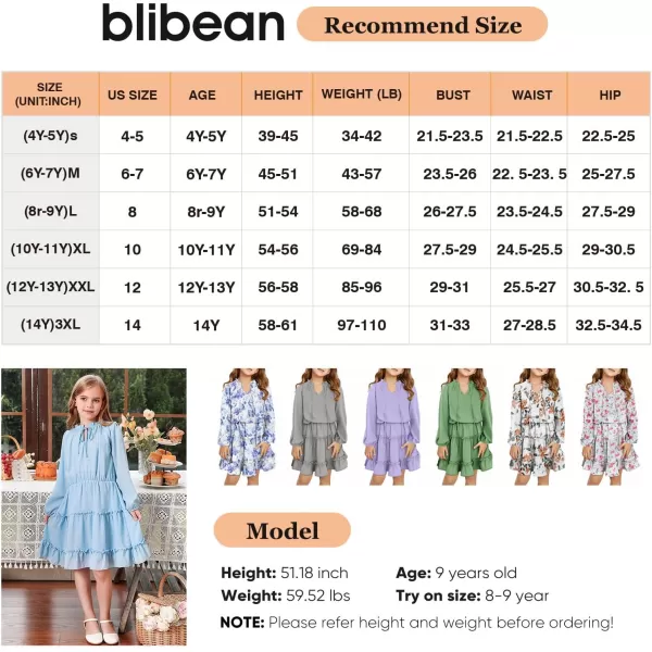 blibean Girl Fall Long Sleeve Dress Kids Floral Bohemian Tiered Dresses 4-15 Years Old