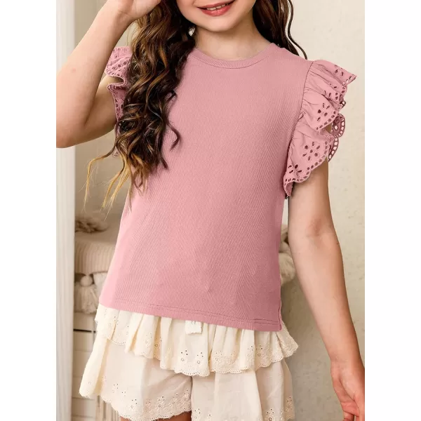 blibean Girl Summer Tops Tween Girls Ruffle Sleeve Blouse Solid Color Casual Shirts Cute Clothes Preteen Kid Dressy Clothing Size 12-13 Years Old Pink
