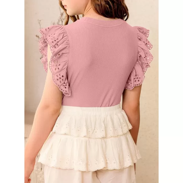 blibean Girl Summer Tops Tween Girls Ruffle Sleeve Blouse Solid Color Casual Shirts Cute Clothes Preteen Kid Dressy Clothing Size 12-13 Years Old Pink