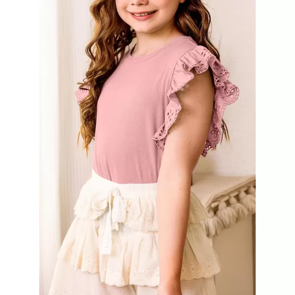 blibean Girl Summer Tops Tween Girls Ruffle Sleeve Blouse Solid Color Casual Shirts Cute Clothes Preteen Kid Dressy Clothing Size 12-13 Years Old Pink