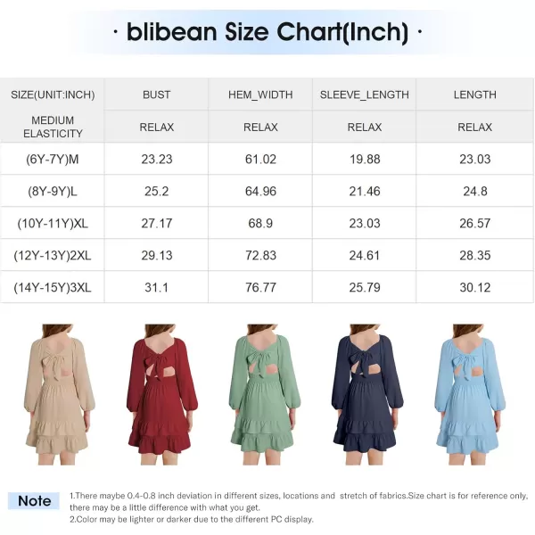 blibean Girls 2024 Fall Dresses Tween Long Sleeve Tie Back Dress Size 6-15 Years