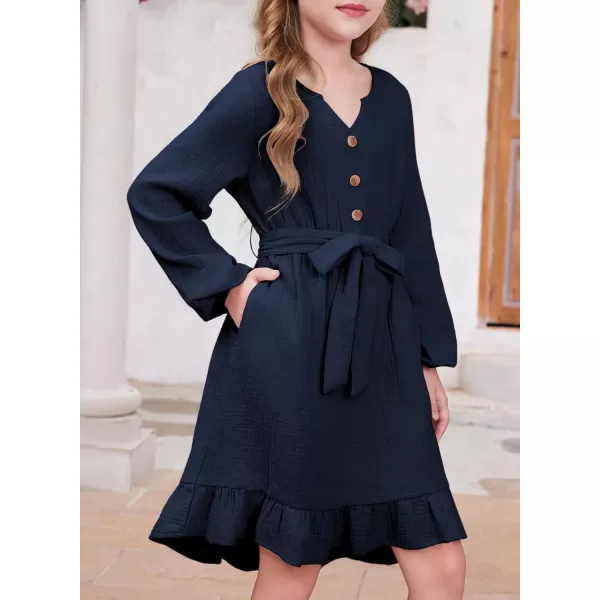 blibean Girls Cotton Long Sleeve Dresses Ruffled Semi Formal Dress Size 6-15 Years