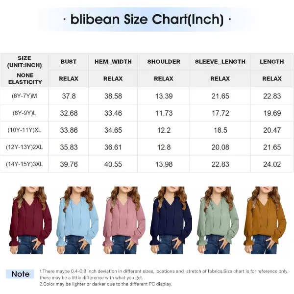 blibean Girls Long Sleeve Chiffon Blouses V Neck Smocked Cuffs Shirts Tops 6-15 Years