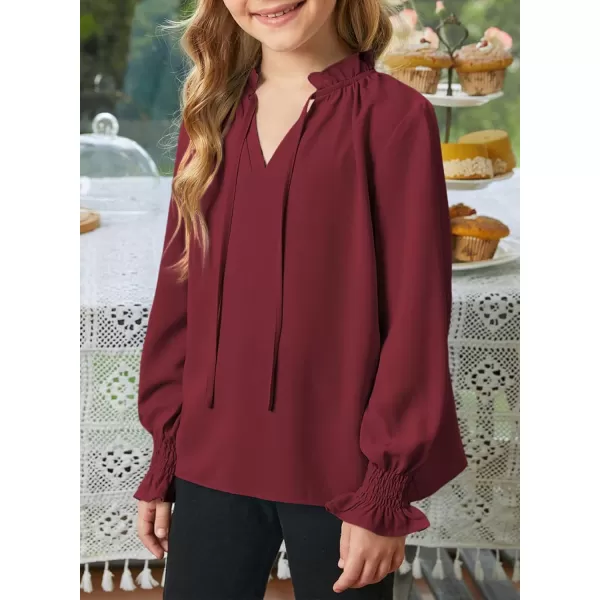 blibean Girls Long Sleeve Chiffon Blouses V Neck Smocked Cuffs Shirts Tops 6-15 Years