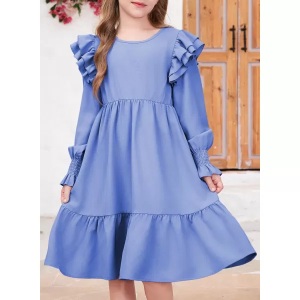 blibean Teen Girls Dress Kids Double Ruffle Long Sleeve Smocked Dresses Size 6-15 Years