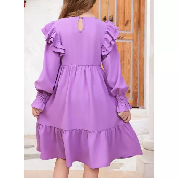 blibean Teen Girls Dress Kids Double Ruffle Long Sleeve Smocked Dresses Size 6-15 Years