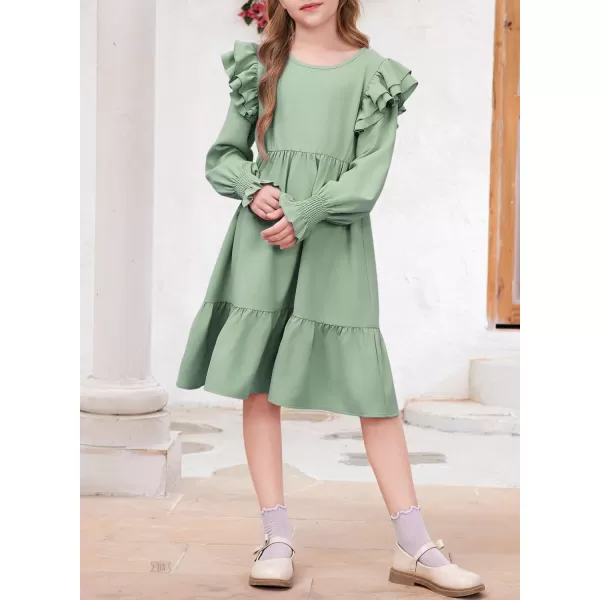 blibean Teen Girls Dress Kids Double Ruffle Long Sleeve Smocked Dresses Size 6-15 Years