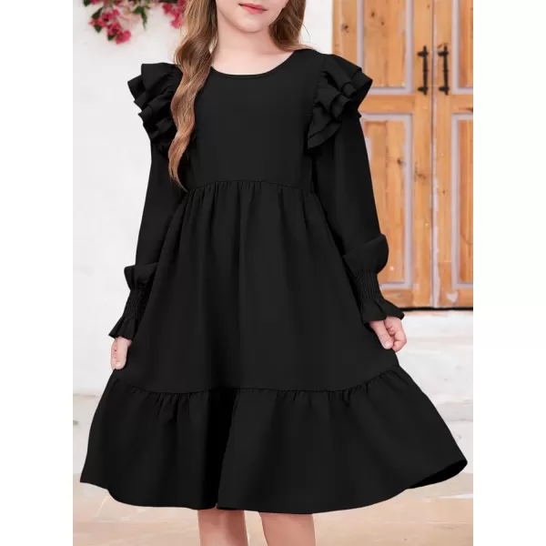 blibean Teen Girls Dress Kids Double Ruffle Long Sleeve Smocked Dresses Size 6-15 Years