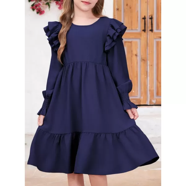 blibean Teen Girls Dress Kids Double Ruffle Long Sleeve Smocked Dresses Size 6-15 Years