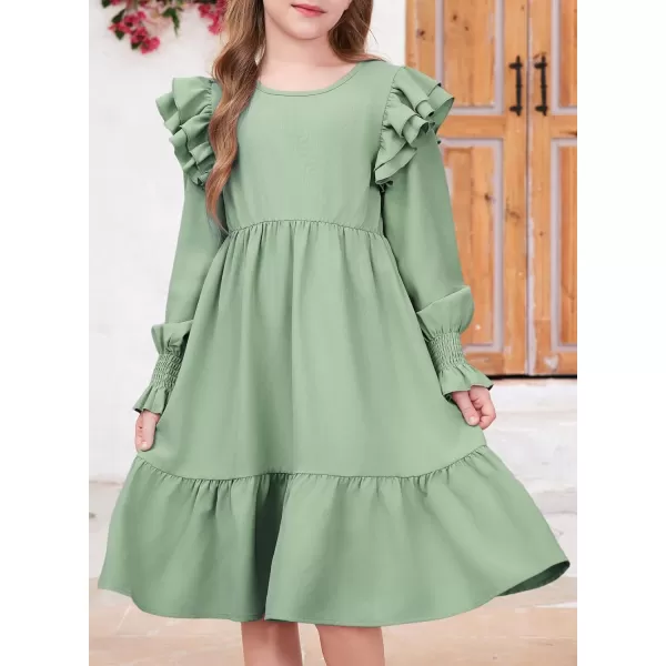 blibean Teen Girls Dress Kids Double Ruffle Long Sleeve Smocked Dresses Size 6-15 Years