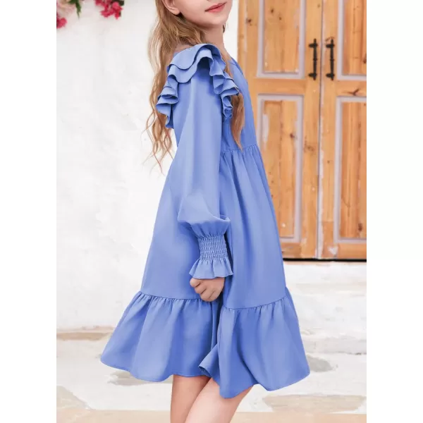 blibean Teen Girls Dress Kids Double Ruffle Long Sleeve Smocked Dresses Size 6-15 Years