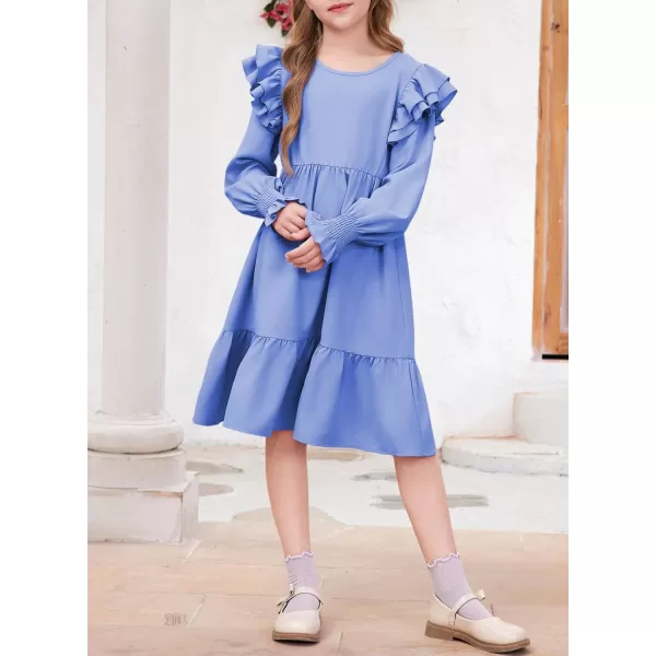 blibean Teen Girls Dress Kids Double Ruffle Long Sleeve Smocked Dresses Size 6-15 Years