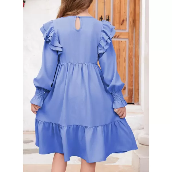 blibean Teen Girls Dress Kids Double Ruffle Long Sleeve Smocked Dresses Size 6-15 Years