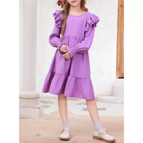 blibean Teen Girls Dress Kids Double Ruffle Long Sleeve Smocked Dresses Size 6-15 Years