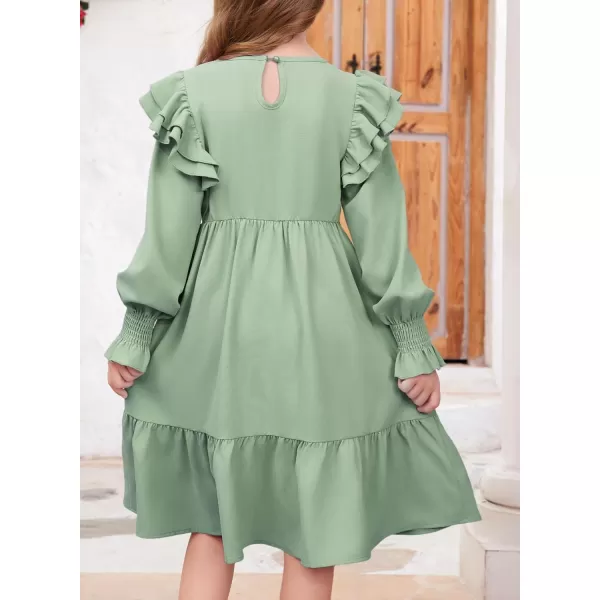 blibean Teen Girls Dress Kids Double Ruffle Long Sleeve Smocked Dresses Size 6-15 Years