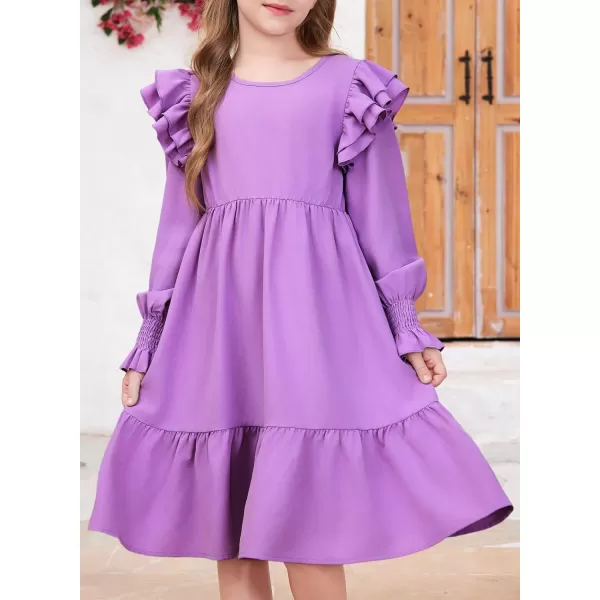 blibean Teen Girls Dress Kids Double Ruffle Long Sleeve Smocked Dresses Size 6-15 Years