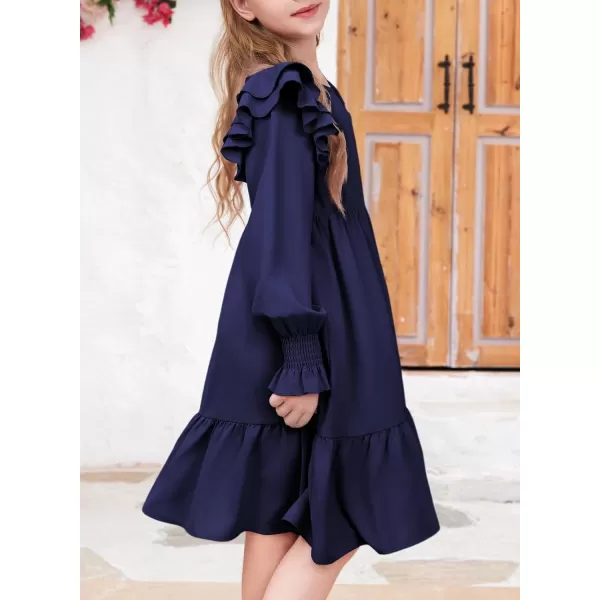 blibean Teen Girls Dress Kids Double Ruffle Long Sleeve Smocked Dresses Size 6-15 Years