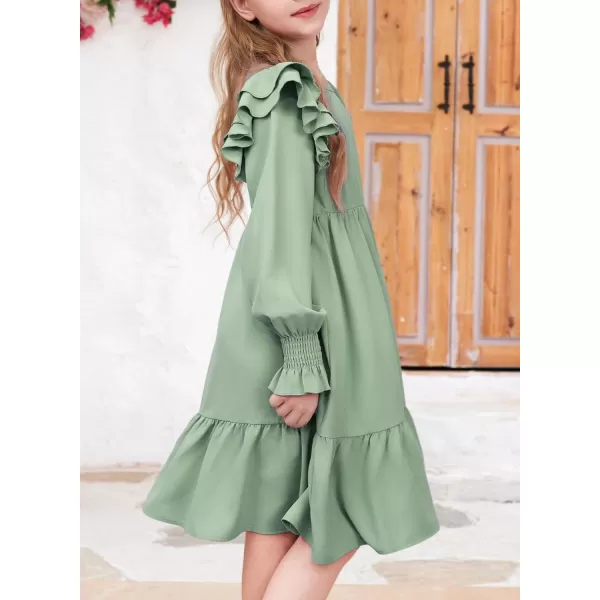 blibean Teen Girls Dress Kids Double Ruffle Long Sleeve Smocked Dresses Size 6-15 Years