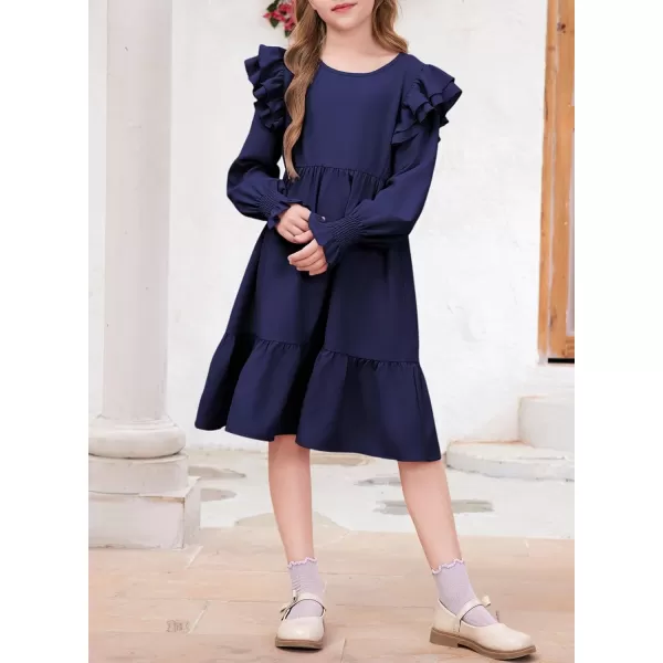 blibean Teen Girls Dress Kids Double Ruffle Long Sleeve Smocked Dresses Size 6-15 Years