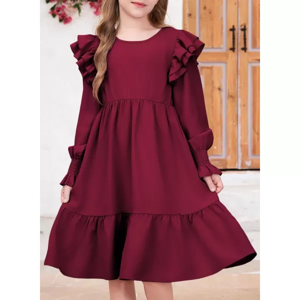 blibean Teen Girls Dress Kids Double Ruffle Long Sleeve Smocked Dresses Size 6-15 Years