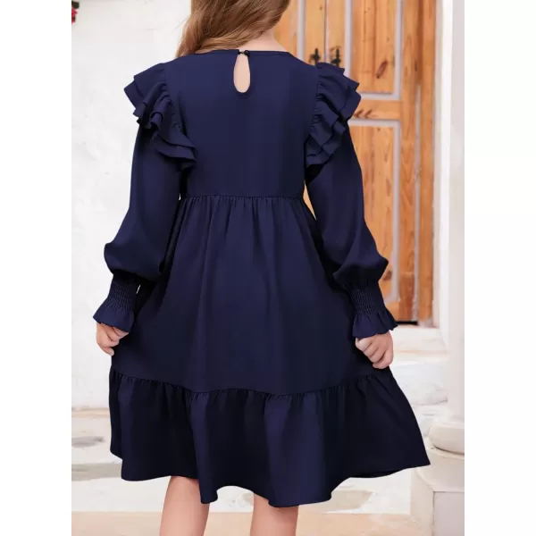 blibean Teen Girls Dress Kids Double Ruffle Long Sleeve Smocked Dresses Size 6-15 Years