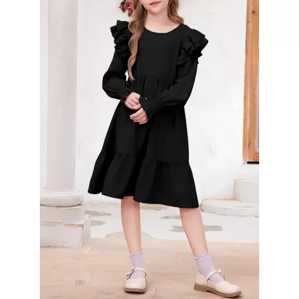 blibean Teen Girls Dress Kids Double Ruffle Long Sleeve Smocked Dresses Size 6-15 Years