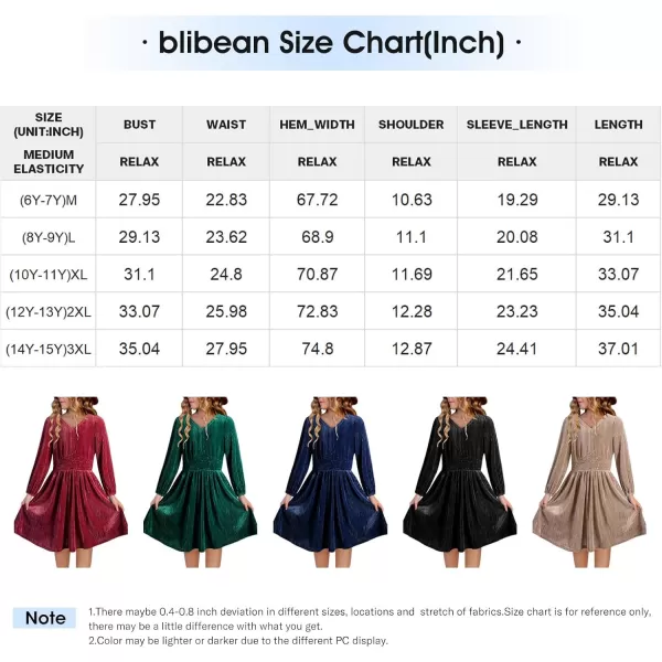 blibean Teen Girls Velvet Dresses Tween Kid Flannel Outfits Size 6-15 Year